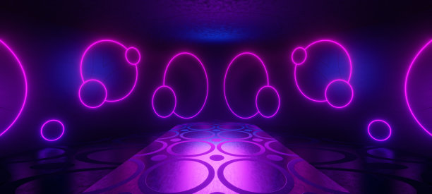 未知的走廊飞机库地下室地下走廊革命性的赛博朋克照明与暗紫罗兰色未来建筑3D插图图片下载