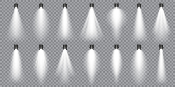 照明工作室聚光灯集合。明亮的光束。透明的现实效果。舞台灯光。发光的光线。矢量图图片下载