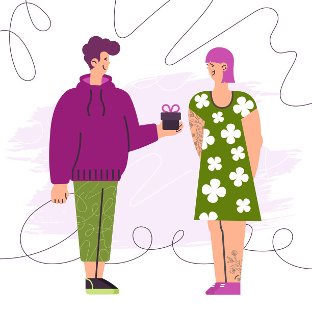 可爱的微笑快乐的角色。年轻人送给漂亮女人礼物。情人节。节日的概念，婚礼。向量卡通插图的卡片，网页，海报，问候图片下载