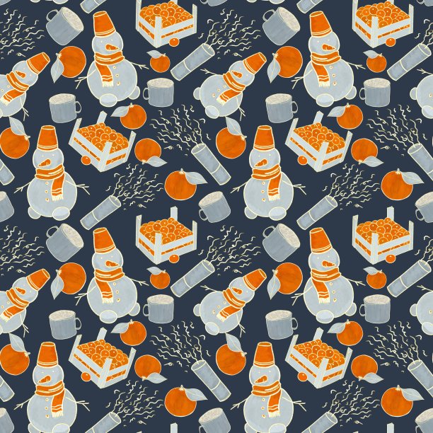 无缝图案上的新年主题从简单的插图橘子橘子果酱盒展示可可雪人在一个橙色的帽子图片下载