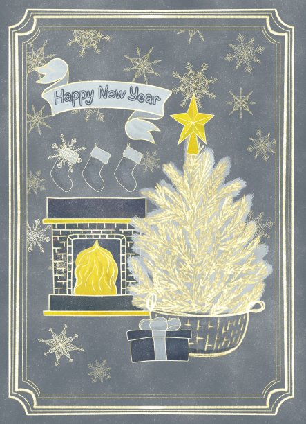 新年构图，银色圣诞树配壁炉，喜庆，金色雪花图片下载