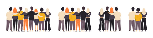 从朋友的拥抱。男女之间的友谊。团结友爱。家庭、团队、合作或伙伴关系。男人和女人都是扁平的。矢量图图片下载