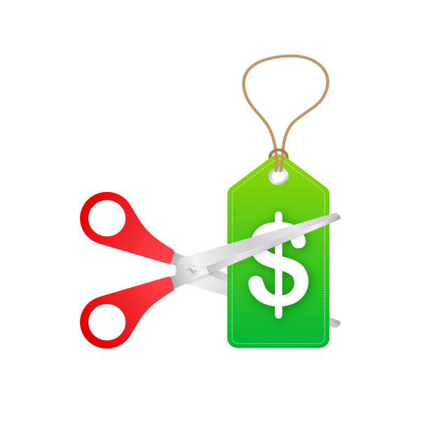 价格削减在黑色背景上平坦的风格。矢量插图，卡通人物。可编辑的中风。图片下载