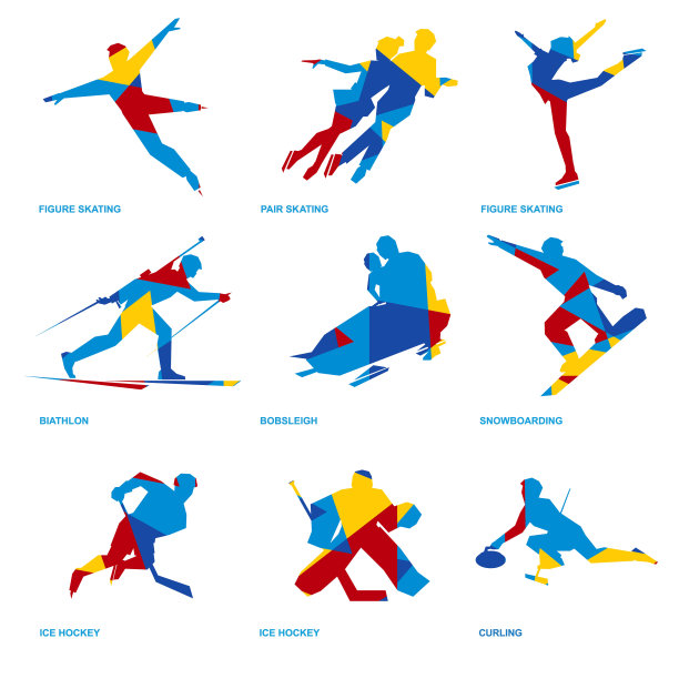 冬季运动图标设置双人和单人滑冰，有舵雪橇，滑雪，冰球，滑雪板，冰壶，冬季两项图片下载