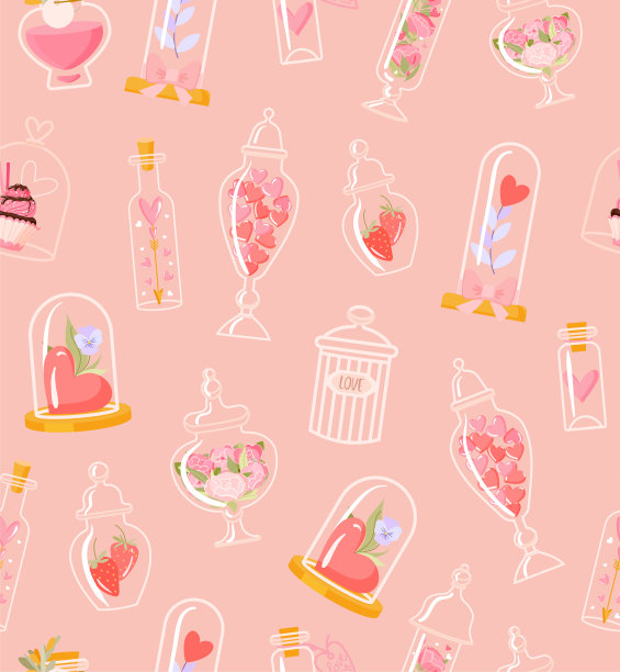 心、花、香在玻璃钟形缸中无缝矢量图案。淡粉色的背景。线平面风格的模板，织物印刷，包装纸，壁纸，背景，剪贴簿床单图片下载