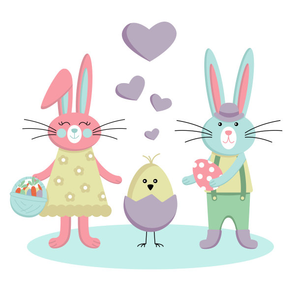 一组可爱的复活节兔子。矢量插图夫妇复活节兔子和复活节小鸡。为您的设计收集复活节元素。图片下载