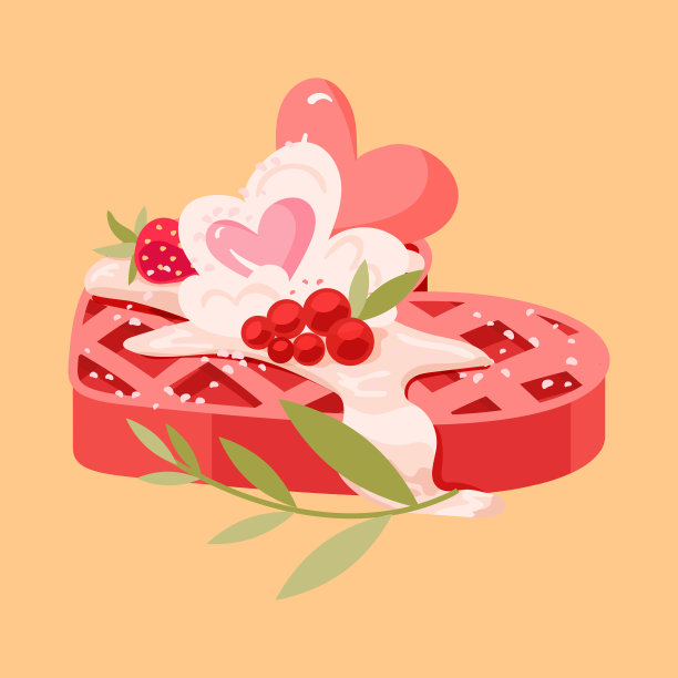 可爱的华夫饼卡通插图与草莓，心脏和绿叶。情人节快乐。为贺卡，明信片，海报或横幅的平面风格插图图片下载