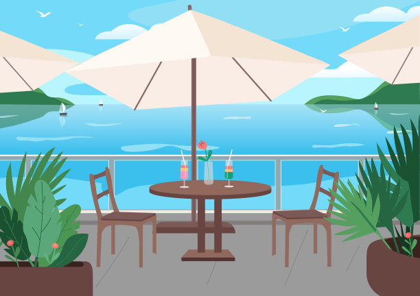 海滨度假胜地街头餐厅的平面颜色图片下载