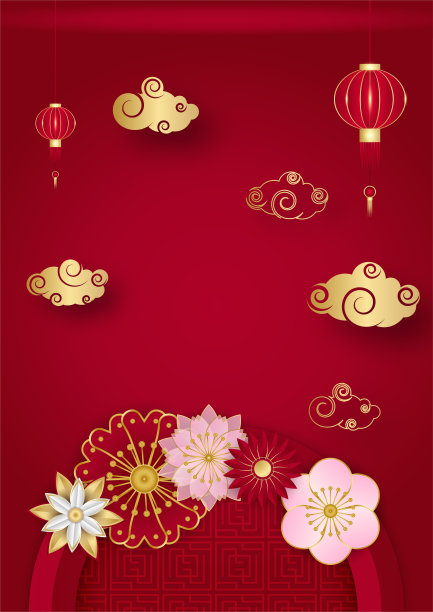 红色和金色喜庆春节横幅背景设计。中国瓷器红色和金色的背景与灯笼，花，树，象征和图案。红色和金色剪纸中国模板图片下载