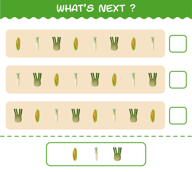 什么是下一个教育游戏的卡通蔬菜。找到规律并继续行任务。教育游戏为学龄前儿童和学步儿童图片下载
