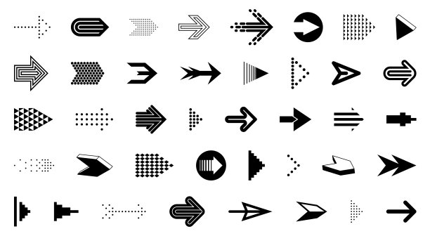 不同箭头游标向量集，不同形状样式和概念箭头图标或标志的单色图形设计元素。图片下载