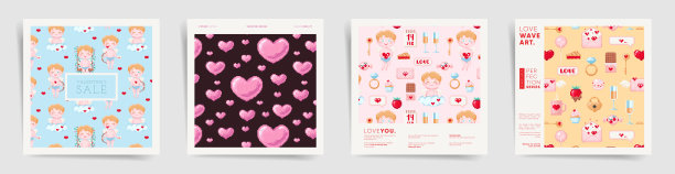 情人节2月14日方帖设计模板集。像素艺术马赛克布局海报，小册子，卡片，封面，横幅。复古的8位游戏风格的心，丘比特与文本框架和排版。图片下载