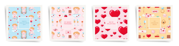 情人节2月14日方帖设计模板集。像素艺术马赛克布局海报，小册子，卡片，封面，横幅。复古8位游戏风格的心，丘比特，礼物，戒指在框架背景。图片下载