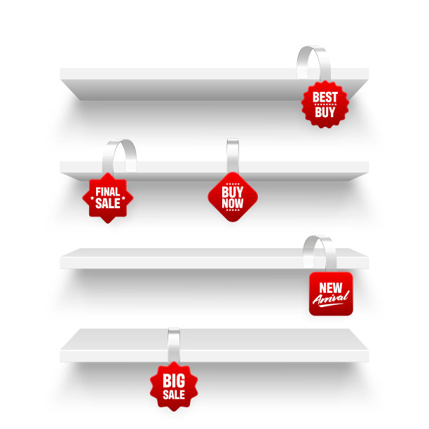 商店的货架和超市的促销摆架孤立在白色背景上。产品货架与广告摆动。杂货店墙架。销售或折扣价签。矢量图图片下载