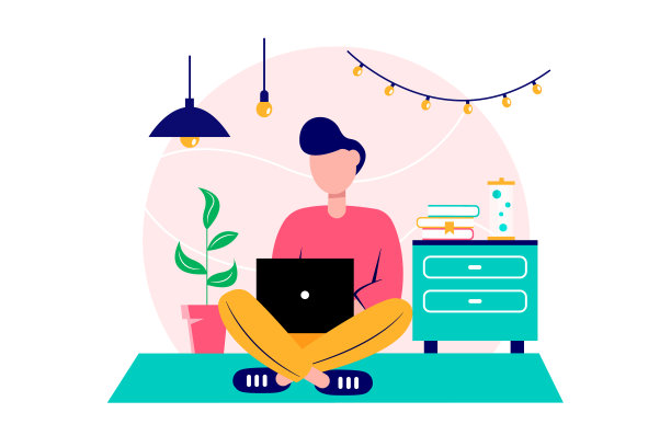 一个年轻人坐在漂亮的室内，拿着笔记本电脑。函授，培训，在家工作。孤立的插图在一个白色的背景。图片下载