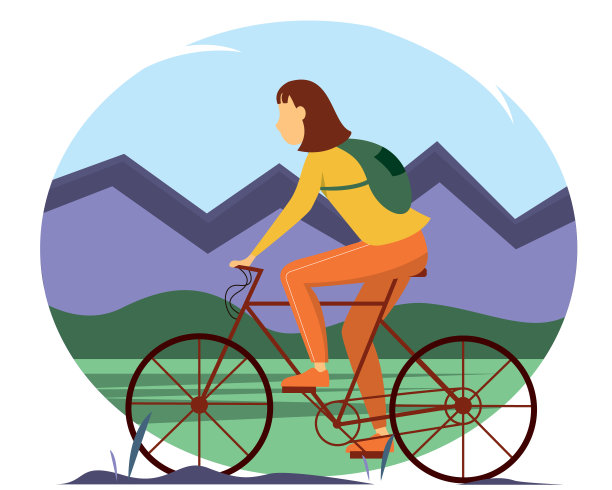 一个年轻的女孩骑着自行车在山间穿行。活动休闲，旅游理念。夏天的插图。图片下载