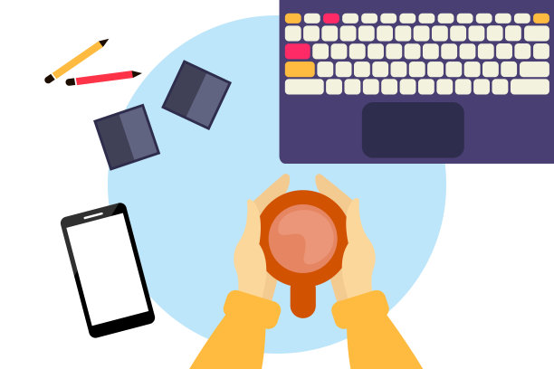 工作场所有一台笔记本电脑，一杯咖啡和一些东西。现代设计的工作空间。插图。图片下载