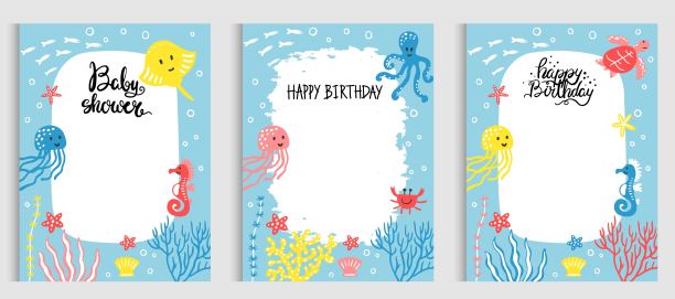 可爱的海洋动物矢量插图集海报，卡片设计，t恤，邀请，婴儿淋浴，生日，房间装饰，打印，枕头，儿童室内装饰，婴儿衣服。图片下载