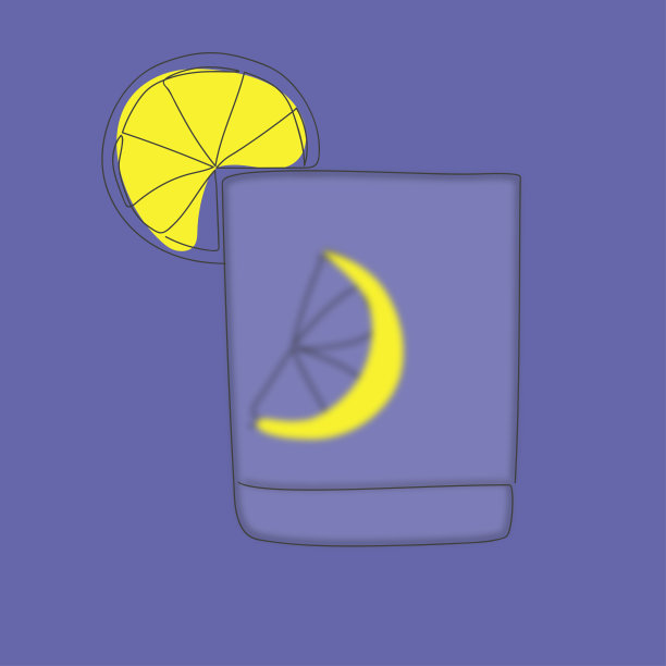 玻璃内部和顶部有一片模糊的柠檬片，在紫色的背景上画上一条深色的线，非常接近仿玻璃图片下载