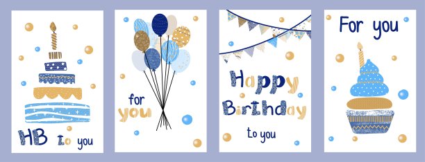 一套生日贺卡。涂鸦的元素。问候的海报图片下载