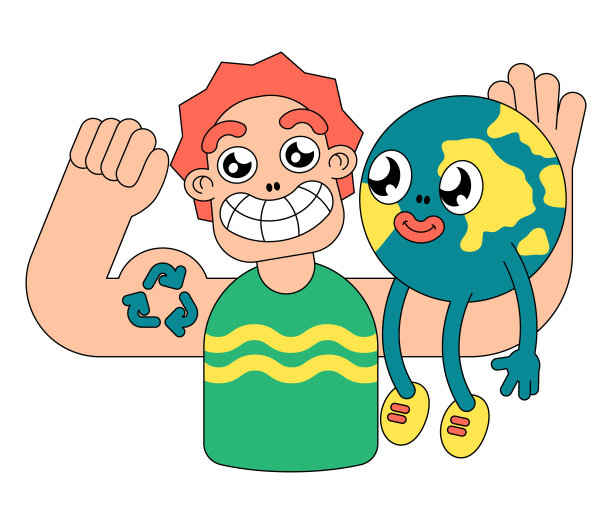 一个人，一个循环利用的爱好者，把地球抱在怀里。一个卡通风格的男人肩上扛着地球的孤立形象。矢量插图。图片下载