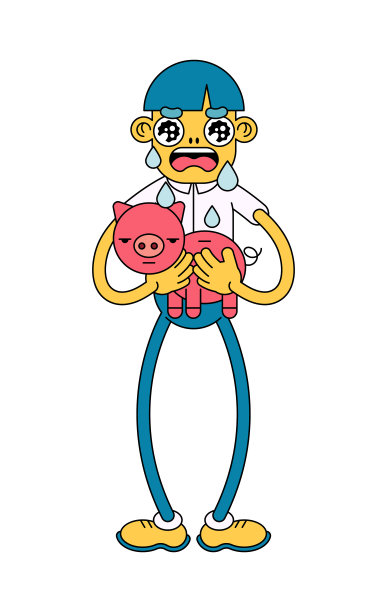 卡通人物为小猪存钱罐哭泣。陷入经济困境的滑稽复古角色。贫穷和破产的例子。孤立的图像在白色背景。向量。图片下载