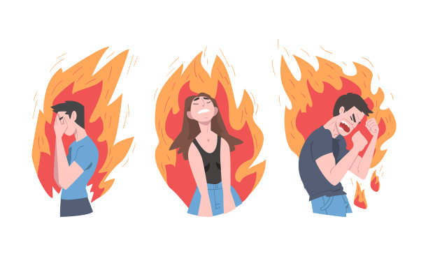 燃烧的男人和女人角色感觉愤怒和压力向量集图片下载