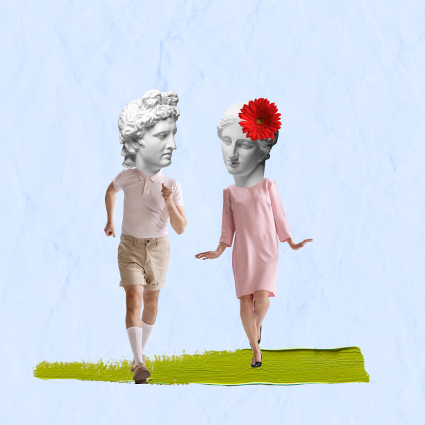 现代设计，当代艺术拼贴。灵感，创意，时尚都市杂志风格。一对以古代雕像为头的夫妇在灯光下跳舞图片下载