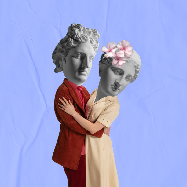 现代设计，当代艺术拼贴。灵感，创意，时尚都市杂志风格。一对以古代雕像为头的夫妇在灯光下跳舞图片下载