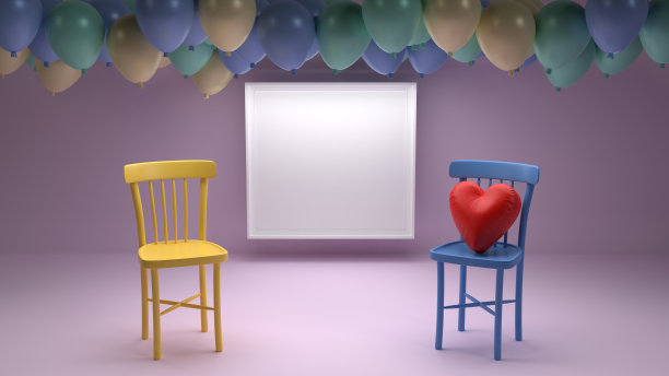 木椅上的心形。空白白板与框架和彩色气球在粉红色的房间最小的想法创意概念图片下载