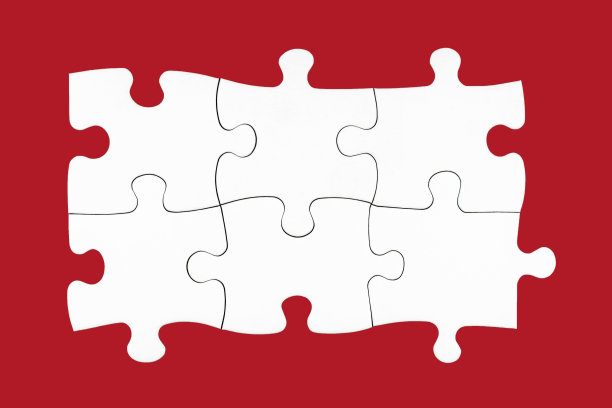 红色背景上的六块白色拼图。团队合作，解决问题图片下载
