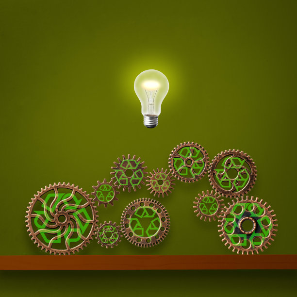 架子上金属齿轮上的灯泡在半空中发光，上面有回收标志图片下载