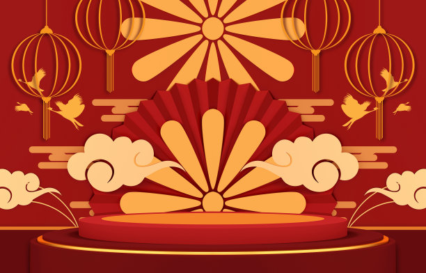 快乐春节横幅设计。虎年。空间的文本。中国汉字——好运和新年快乐。三维演示图片下载