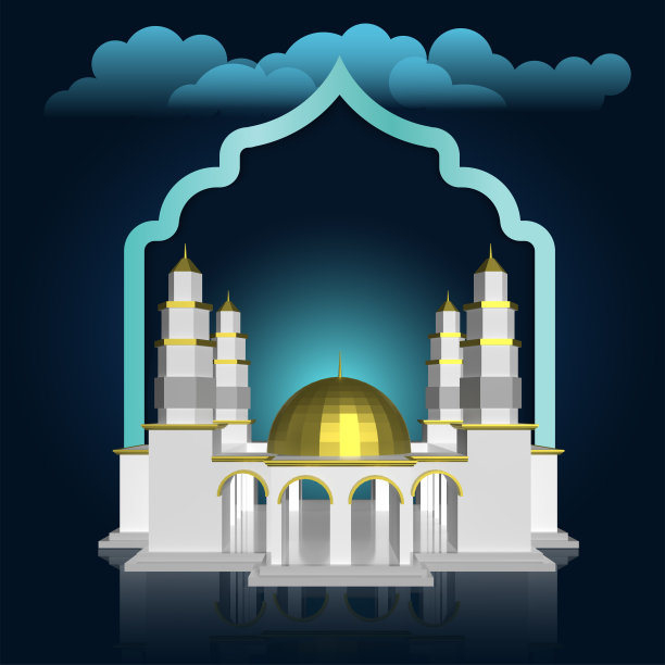 清真寺与云和清真寺柱子的三维矢量插图。斋月横幅和海报概念。图片下载