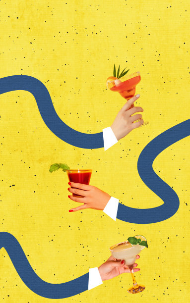 有趣的会议。当代艺术拼贴画，以黄色为背景，双手拿着鸡尾酒杯。混合图片和插图图片下载