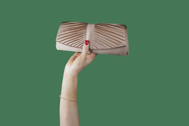 小女孩手里拿着一个绿色背景的时尚的金色手包图片下载