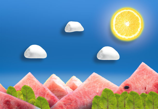 概念夏季景观西瓜，橙色和棉花糖在蓝色的背景。阳光明媚的公寓里摆满了水果。图片下载