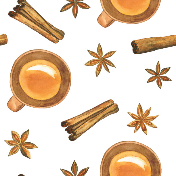 粘土帽和香料无缝图案在白色背景上。水彩手绘插图肉桂或桂皮和八角星或八角。完美的食品设计，纺织，菜单。图片下载