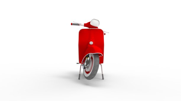 一辆复古红色滑板车的3D渲染。道路运输车辆被隔离在工作室的背景中。图片下载