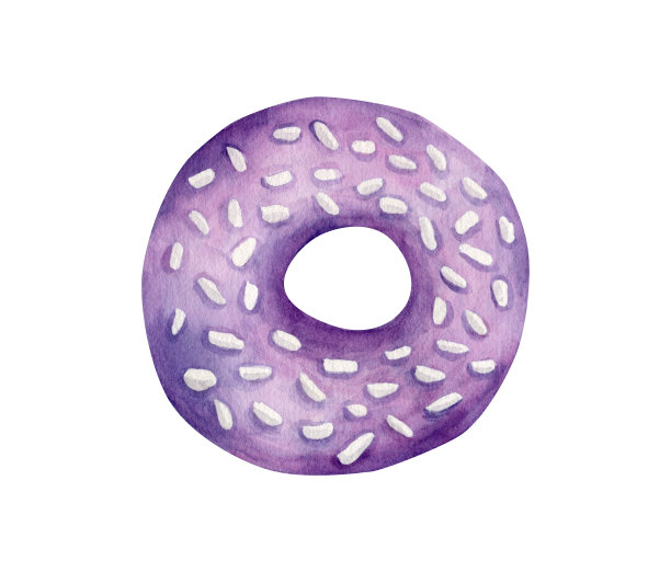 水彩紫色甜甜圈插图。手绘可爱的甜甜圈与釉和洒孤立在白色背景上。美味的甜点草图，卡片，设计。釉面面包房俯视图。图片下载