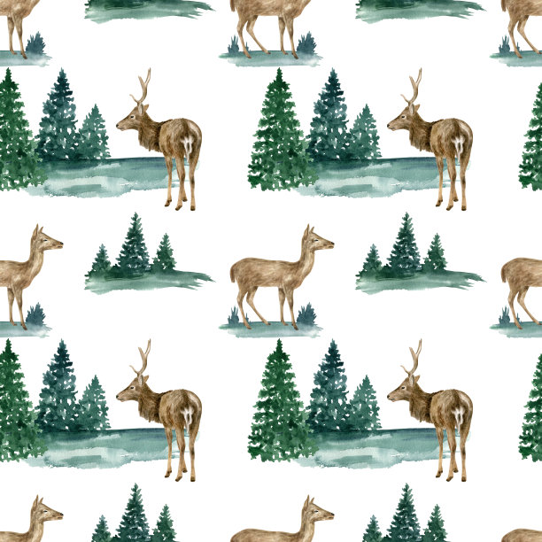 水彩圣诞无缝图案与鹿和风景。手绘现实的雄鹿，小鹿与冷杉树孤立在白色背景上。林地插图的织物，墙纸，印刷。图片下载