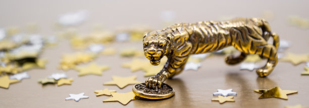 横幅上有铜像老虎与硬币-象征中国2022年新年的背景上有金色的星星，复制空间。祝愿吉祥如意，财源滚滚图片下载