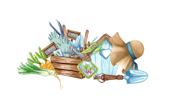 水彩集花园物件一袋泥，喷壶，花盆，种子。园艺工具。春天花园插图。图片下载