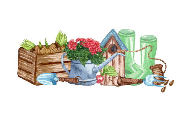 水彩集花园物件一袋泥，喷壶，花盆，种子。园艺工具。春天花园插图。图片下载