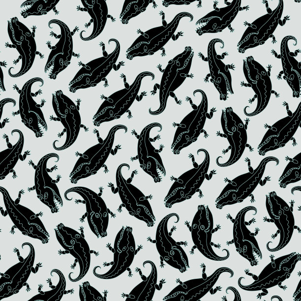 无缝佩斯利矢量华丽鳄鱼图案。绿色轮廓?浅灰色背景上的黑色剪影图片下载