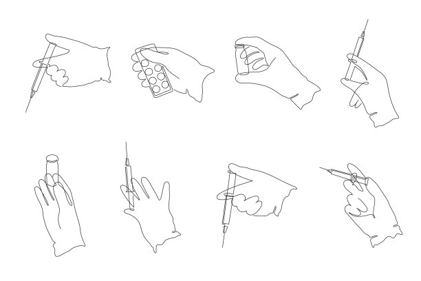 医疗设置。手戴手套，手持注射器、试管和毛球，一条线画，连续画轮廓。冠状病毒疫苗、保健注射、实验室分析、物质溶液。图片下载