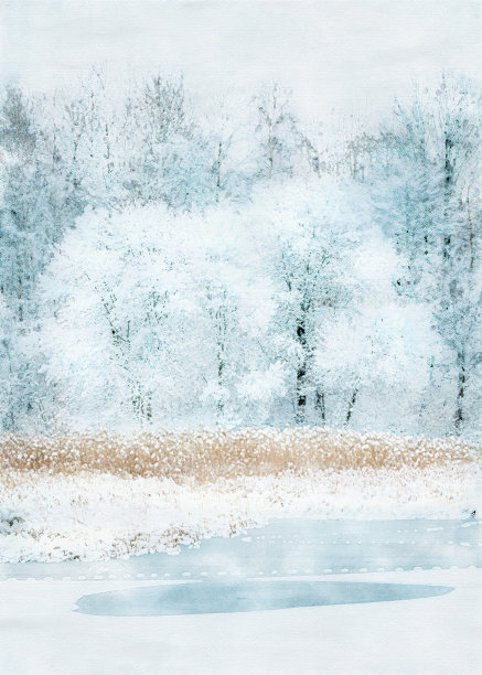 白雪覆盖的树——水彩画图片下载