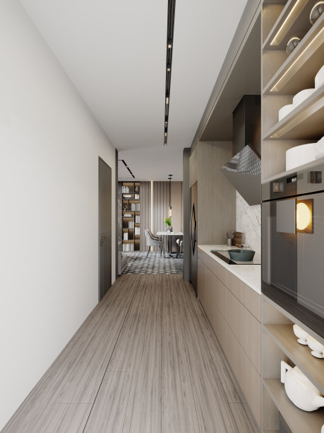 狭窄的厨房内部与厨房家具的架子和装饰在棕色和米色。图片下载