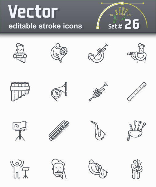 矢量可编辑的笔画线图标集的音乐家演奏图片下载