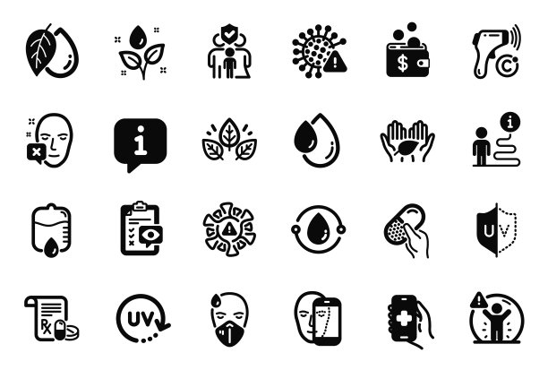 与油滴、Covid病毒和家庭保险相关的医疗保健图标向量集。向量图片下载